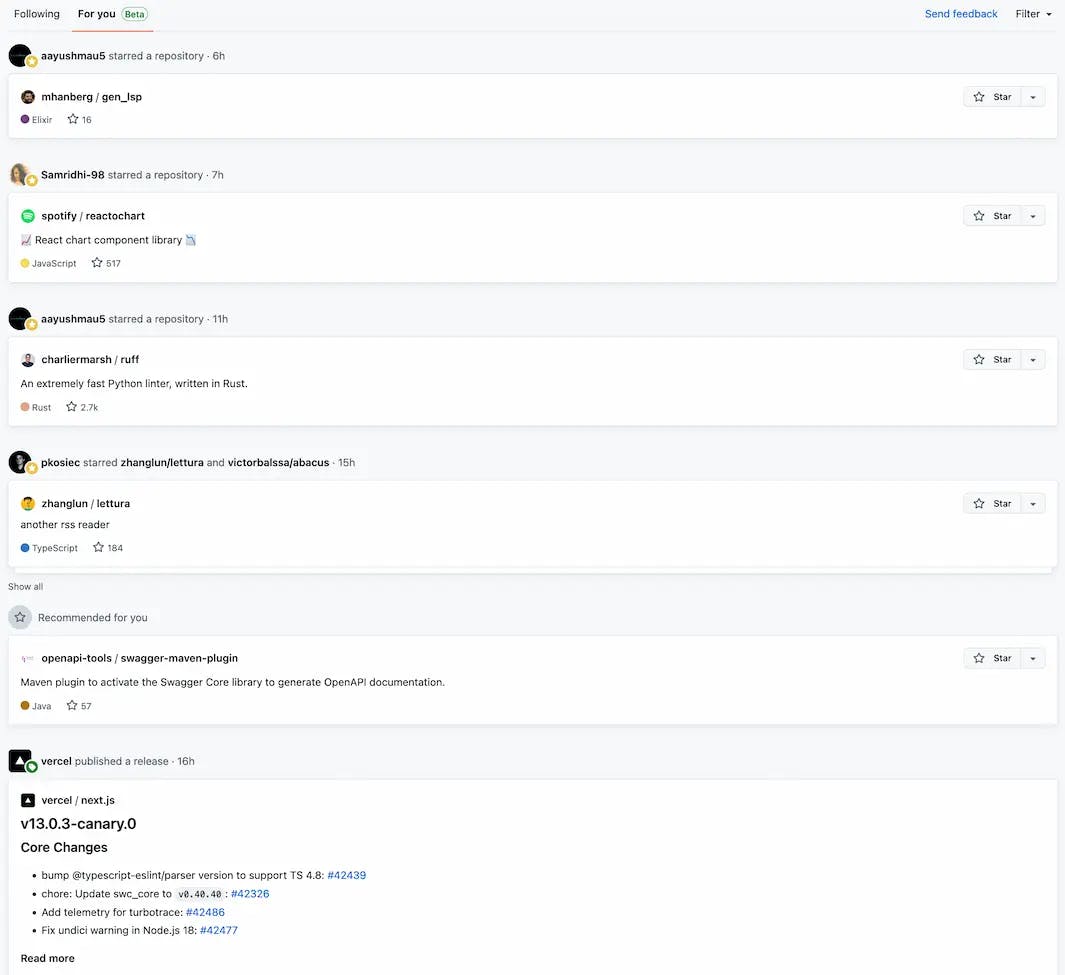 screen shot showing personal GitHub feed